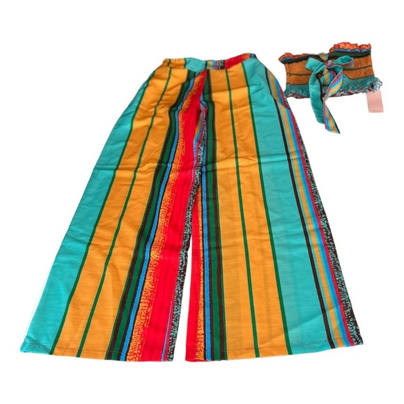 NWT Micas Top Pants Set Multicolored Stripes Knot Front Tube Top Wide Leg - Picture 2 of 11